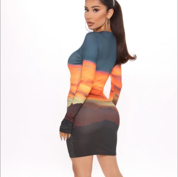 Fashion Nova Desert Sunset Mini Bodycon Longsleeve Dress - Multi Color - Picture 3 of 11